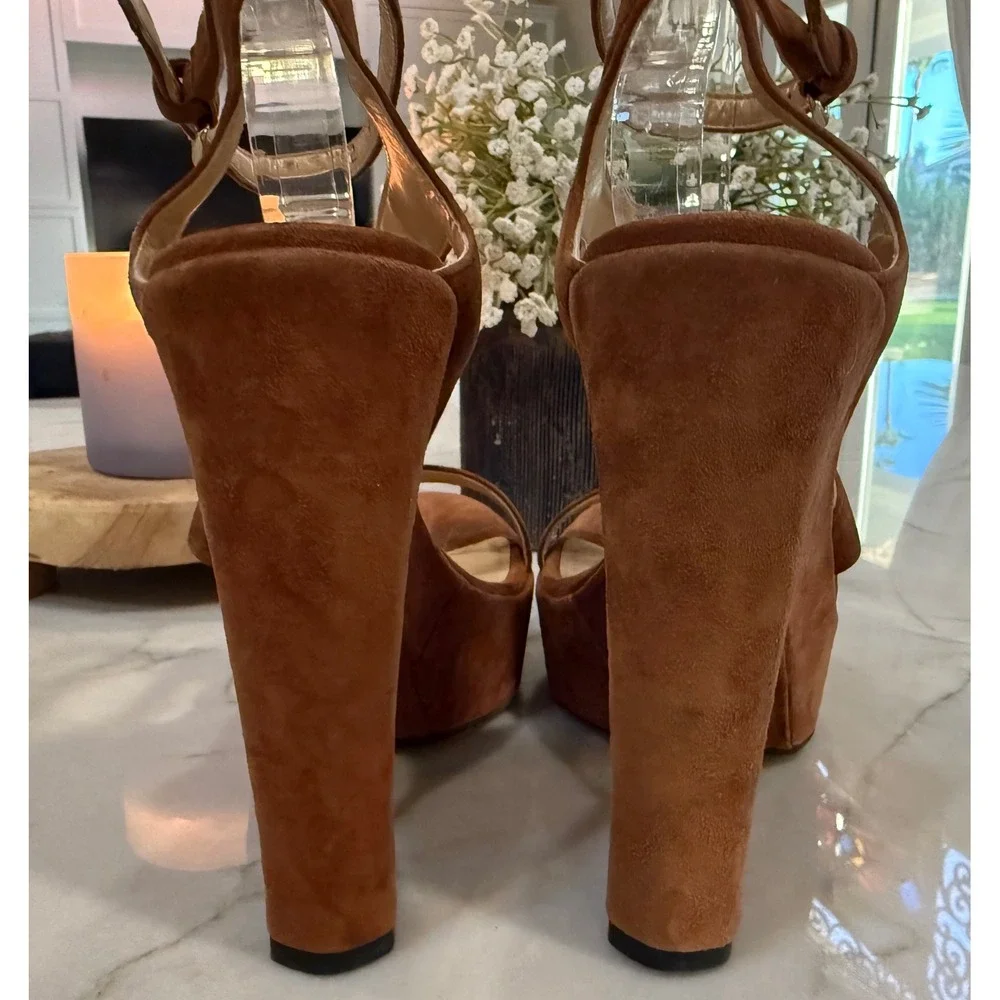 Stuart Weitzman Brown Suede Saucy Platform Wedge Sandals Ankle Strap Heels 9.5 M